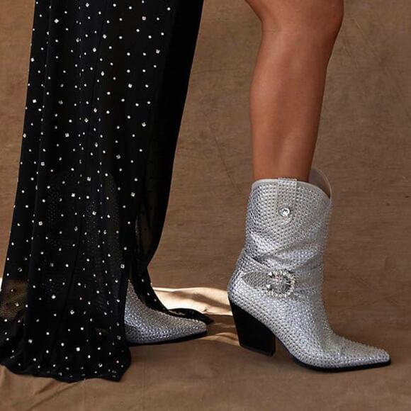 Azalea Wang Federica Silver Crystal Shortie Western Cowgirl Boots Rhinestone 6.5 - Picture 5 of 14